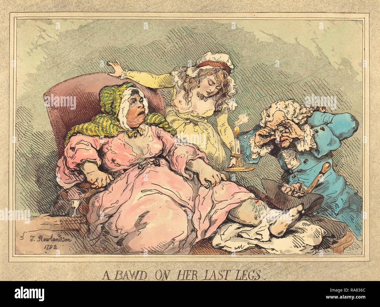 Thomas Rowlandson (British, 1756 - 1827), A Bawd on Her Last Legs, 1792, hand-colored etching and aquatint reimagined Stock Photo