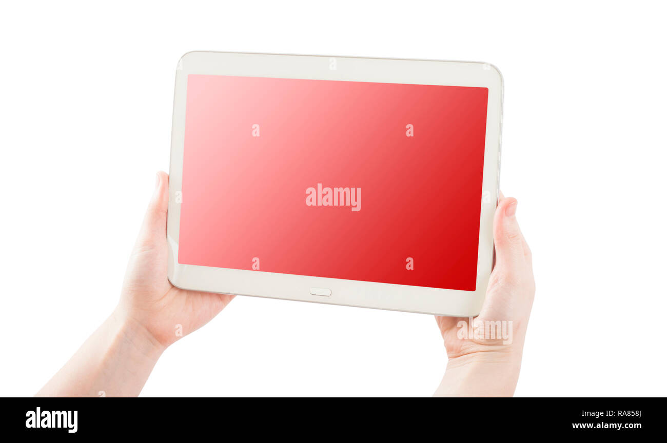 hands holding pc tablet isolated on white Stock Photo - Alamy