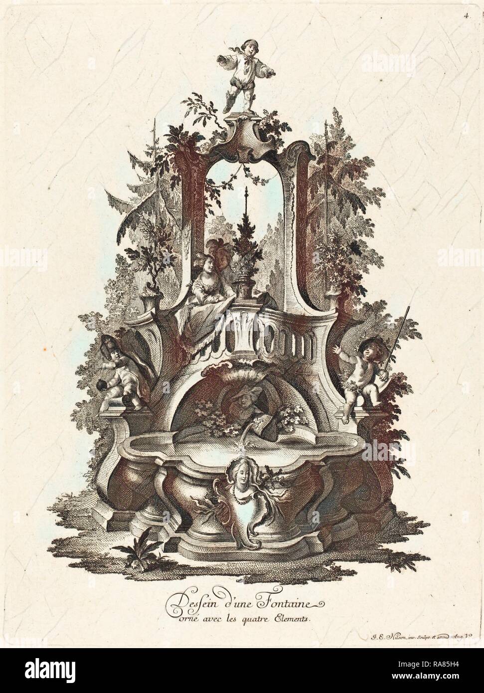 Johann Esaias Nilson (German, 1721 - 1788), Dessein d'une Fontaine orné avec les quatre Elements (Design for a reimagined Stock Photo