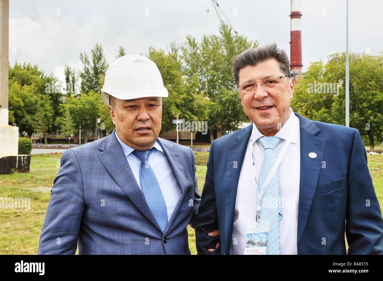 Ospanbek Alseitov, Managing Director 120kb/d Pavlodar refinary and Shukhrat Danbay 105kb/d Atyrau refinery director, at Pavlodar ref 40th anniversary. Stock Photo