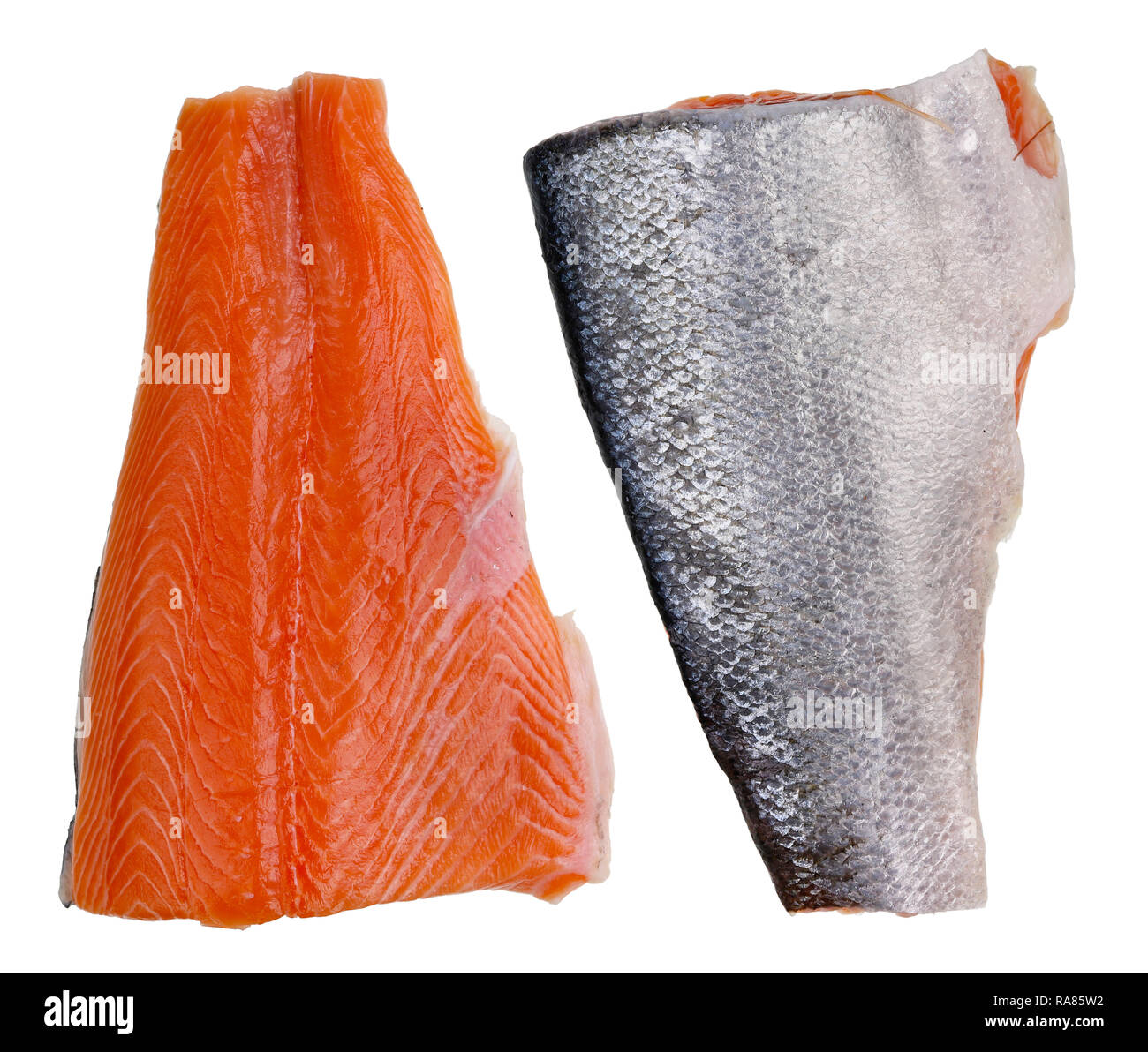 Classic standard pieces of red salmon fish fillet. Isolated on white