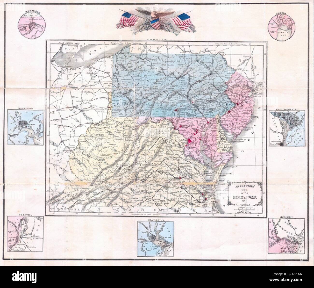 1861, Appleton's Map of the Seat of the Civil War, Pennsylvania, Virginia, Maryland, North Carolina. Reimagined Stock Photo