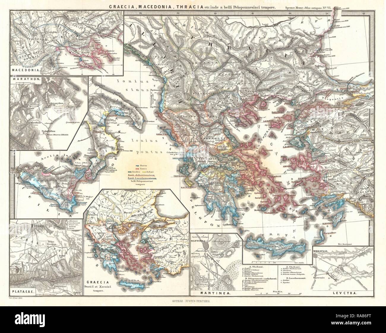 1865, Spruner Map of Greece, Macedonia and Thrace before the Peloponnesian War. Reimagined by Gibon. Classic art with reimagined Stock Photo