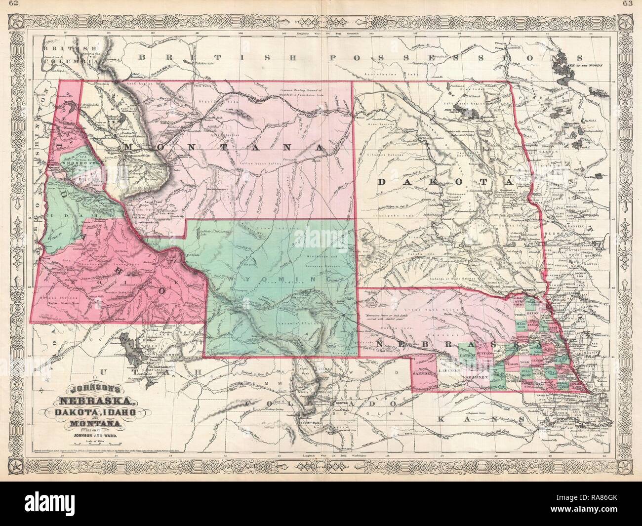 1866, Johnson Map of Montana, Wyoming, Idaho, Nebraska and Dakota. Reimagined by Gibon. Classic 