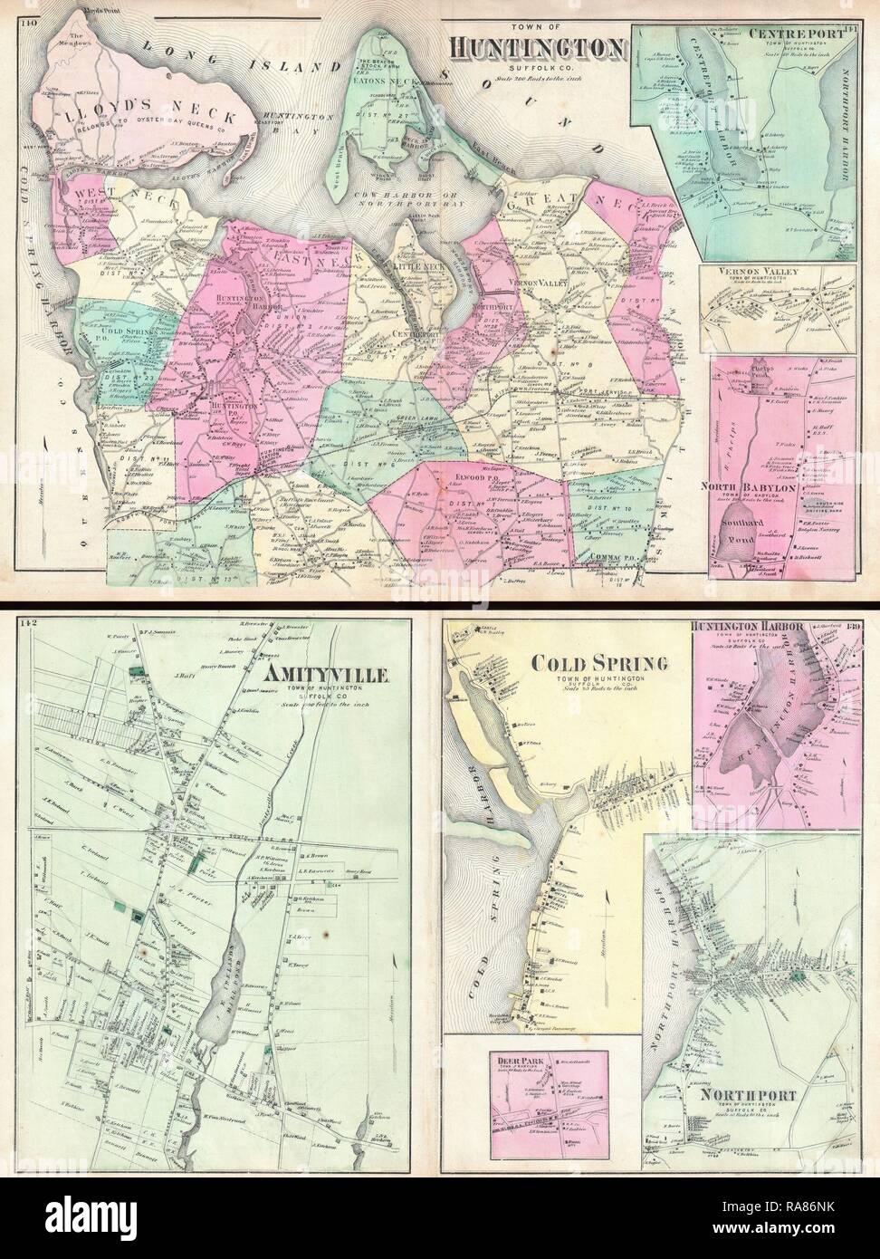 1873, Beers Map of Huntington and Amityville, Long Island, New York