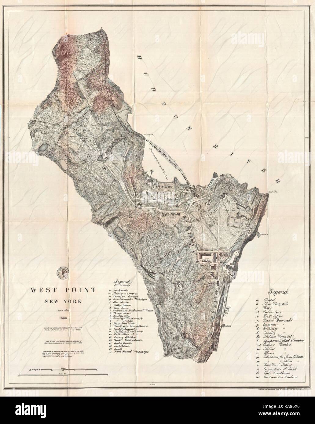 1883, U.S. Coast Survey Map of West Point Military Academy, New York