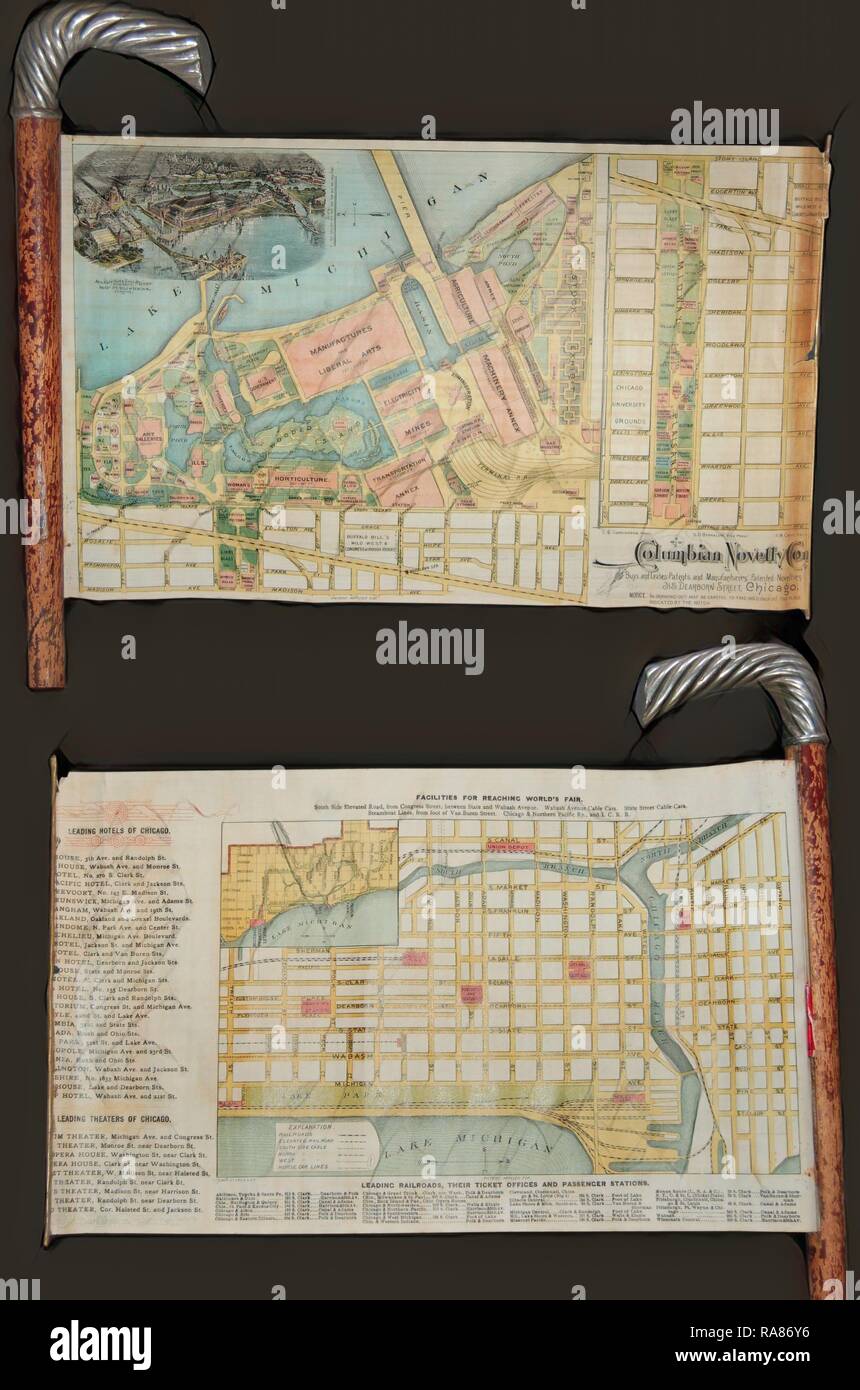 1893, Novelty Cane Map of the Chicago World's Fair or Columbian Exposition. Reimagined by Gibon. Classic art with a reimagined Stock Photo