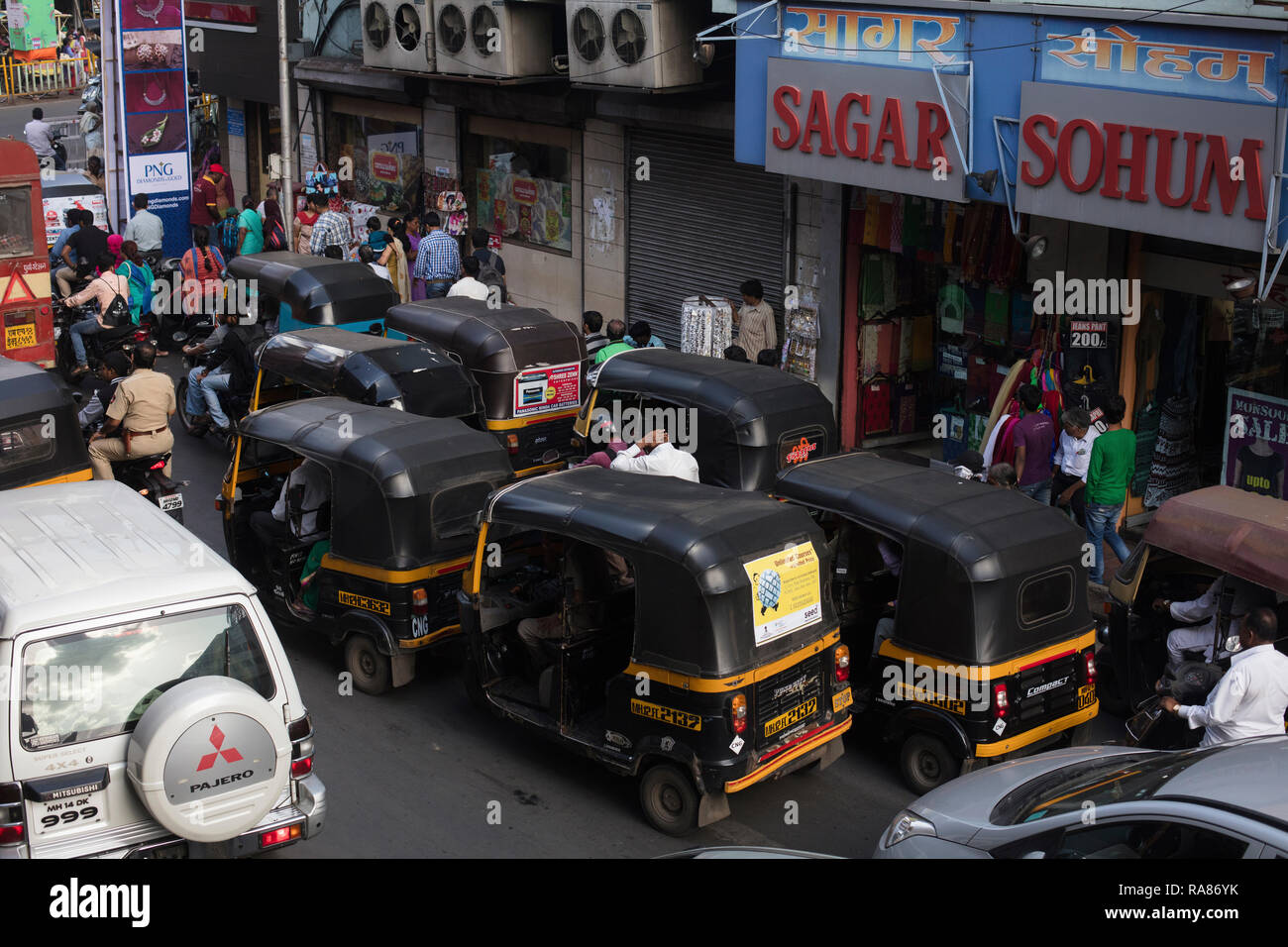 Pune, Maharashtra / India - September 2016: Traffic jam on a street in the city center of Pune. Stock Photo