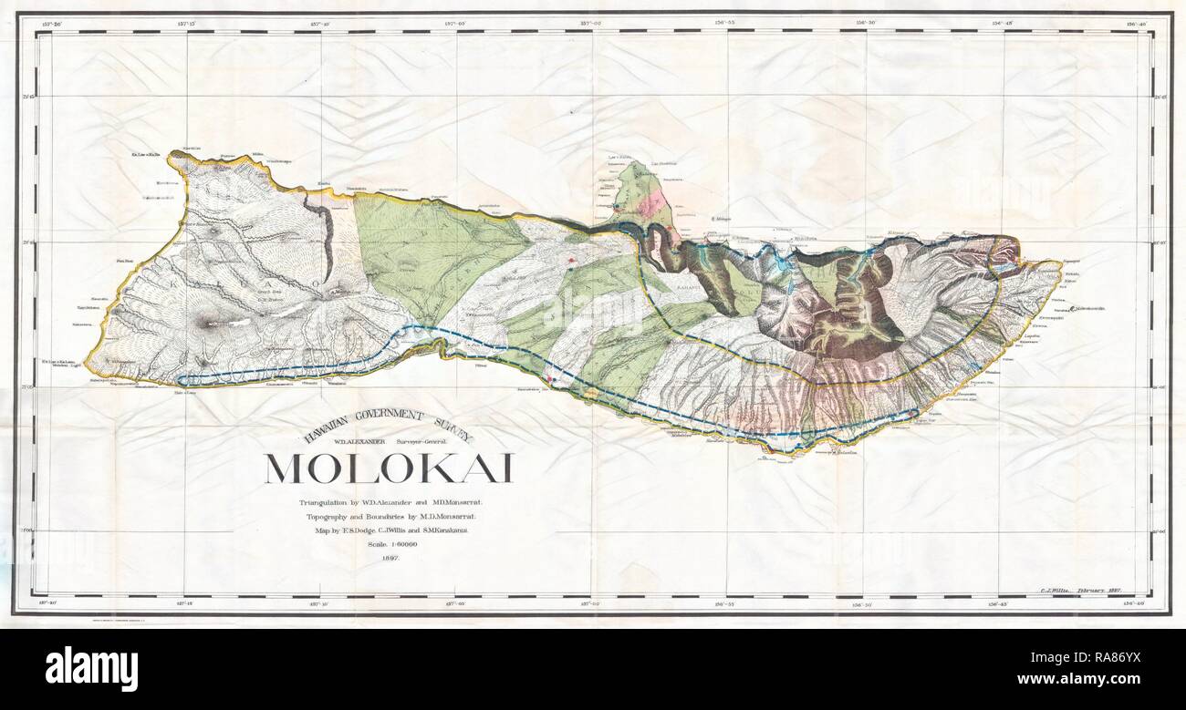 1897, Land Office Map of the Island of Molokai, Hawaii. Reimagined by