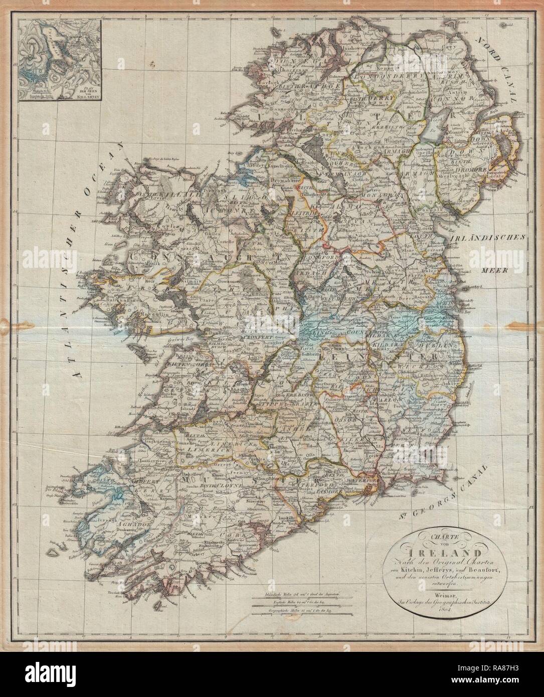 1804, Jeffreys and Kitchin Map of Ireland. Reimagined by Gibon. Classic art with a modern twist reimagined Stock Photo