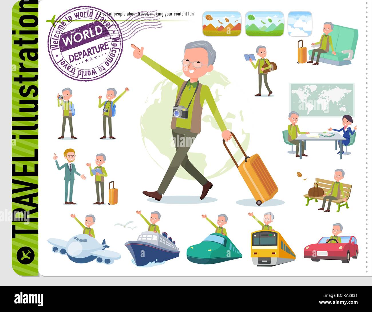 A set of old man on travel.There are also vehicles such as boats and airplanes.It's vector art so it's easy to edit. Stock Vector