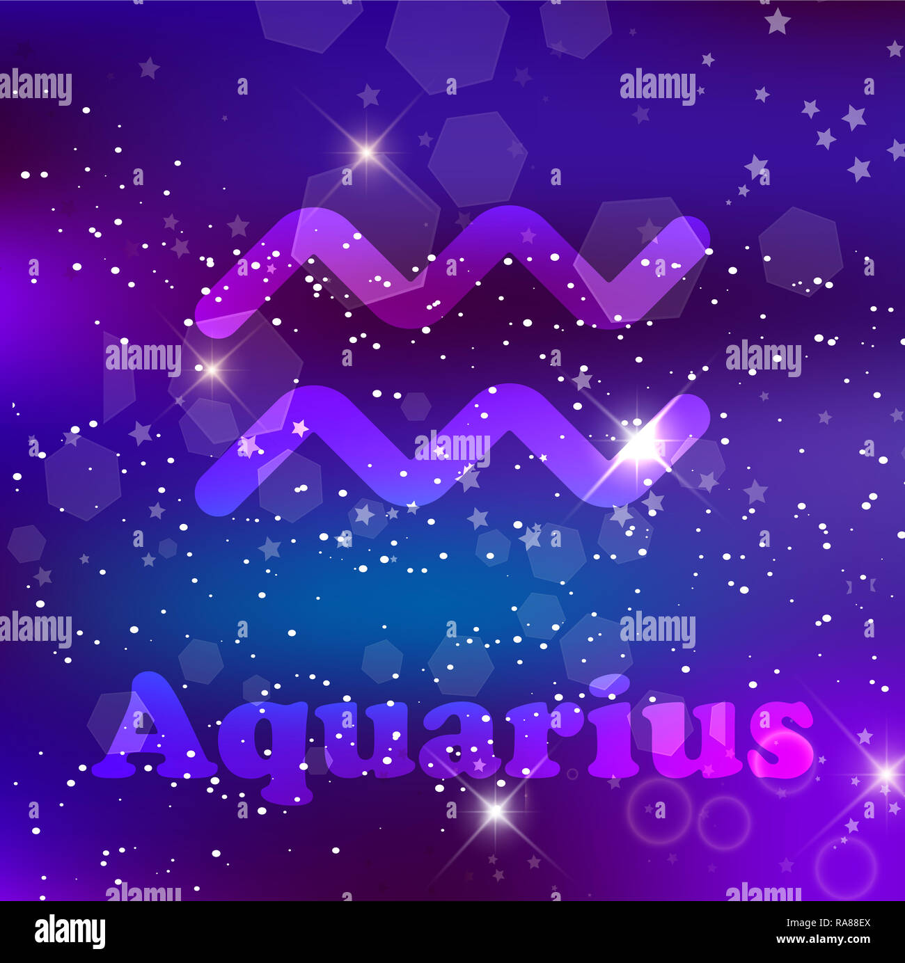 Aquarius Zodiac sign and constellation on a cosmic dark blue purple background with glowing stars and nebula.   illustration, banner, poster, card. Sp Stock Photo