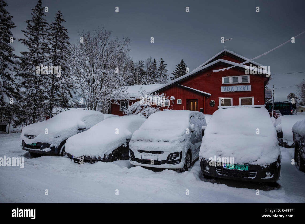 Heavy snow fall at Finnsnes, Norway. Stock Photo