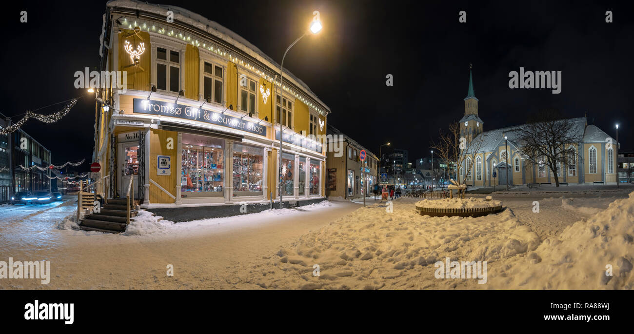 Tourist shop and church Tromso, Norway. Stock Photo