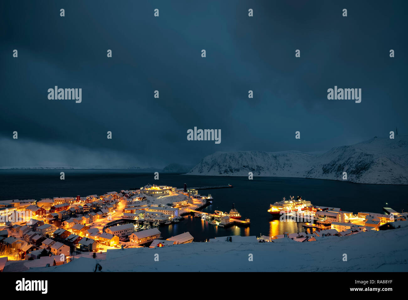 Honningsvag during polar night Stock Photo