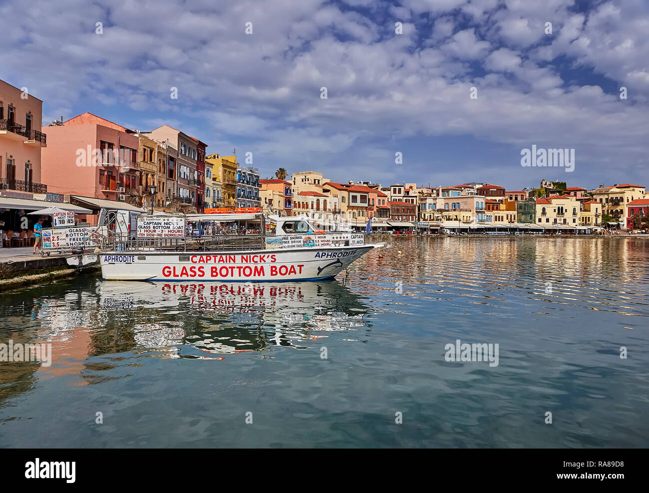 CHANIA, THE CRETE ISLAND, GREECE - MAY, 19, 2018: The seafront of old town of Chania. The city is famous for its splendid beaches and venetian archite Stock Photo