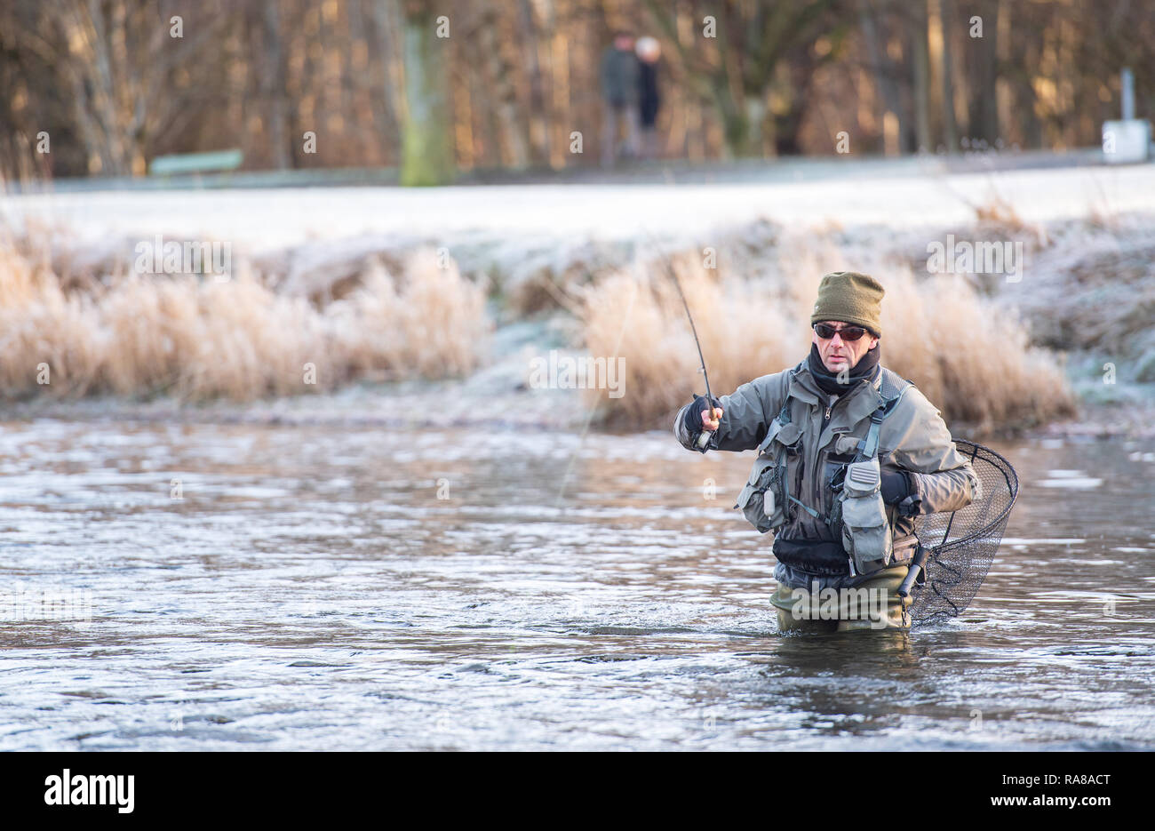 Fishing, Weather, Frost, River Tweed,  Peebles, Scottish Borders Stock Photo
