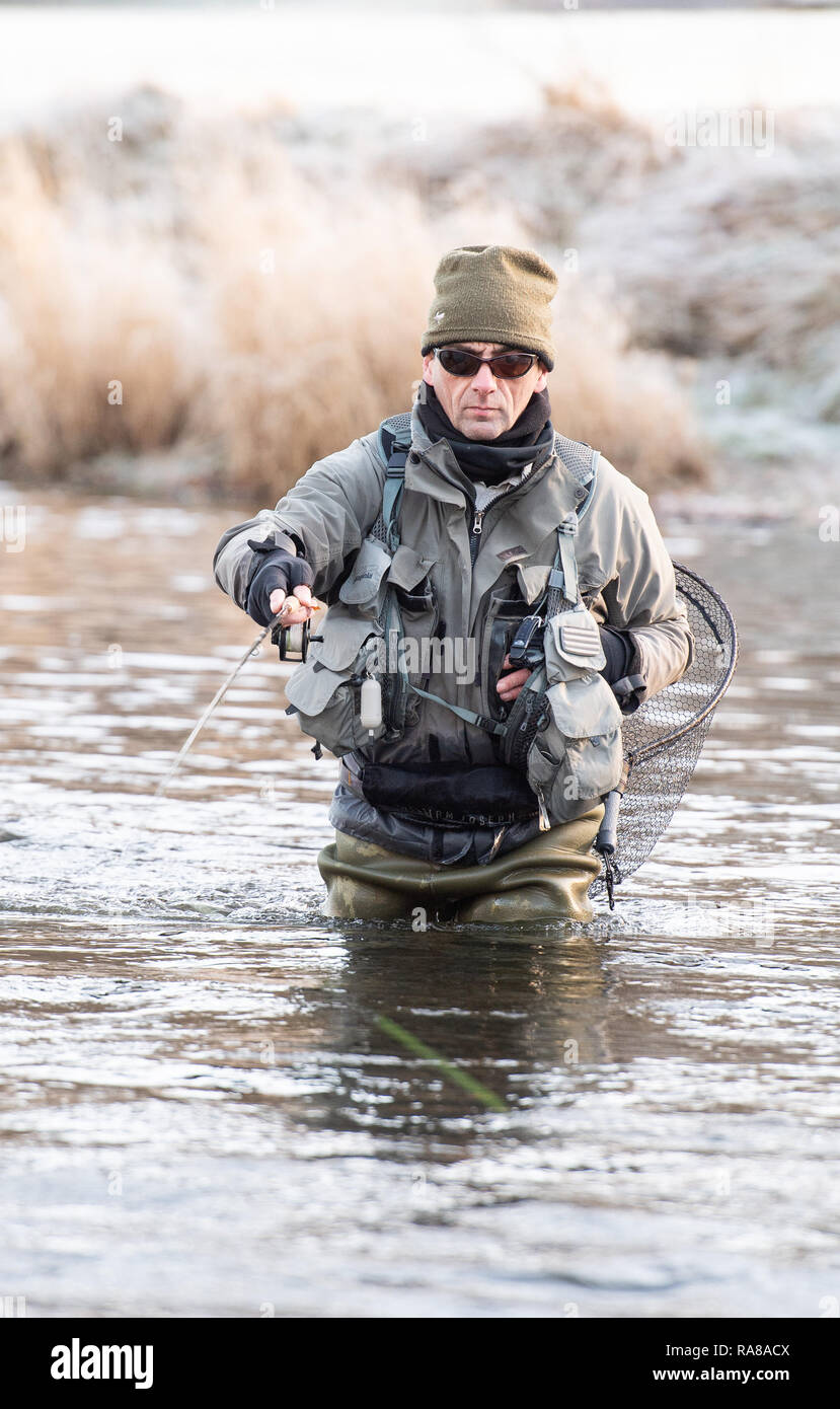 Fishing, Weather, Frost, River Tweed,  Peebles, Scottish Borders Stock Photo