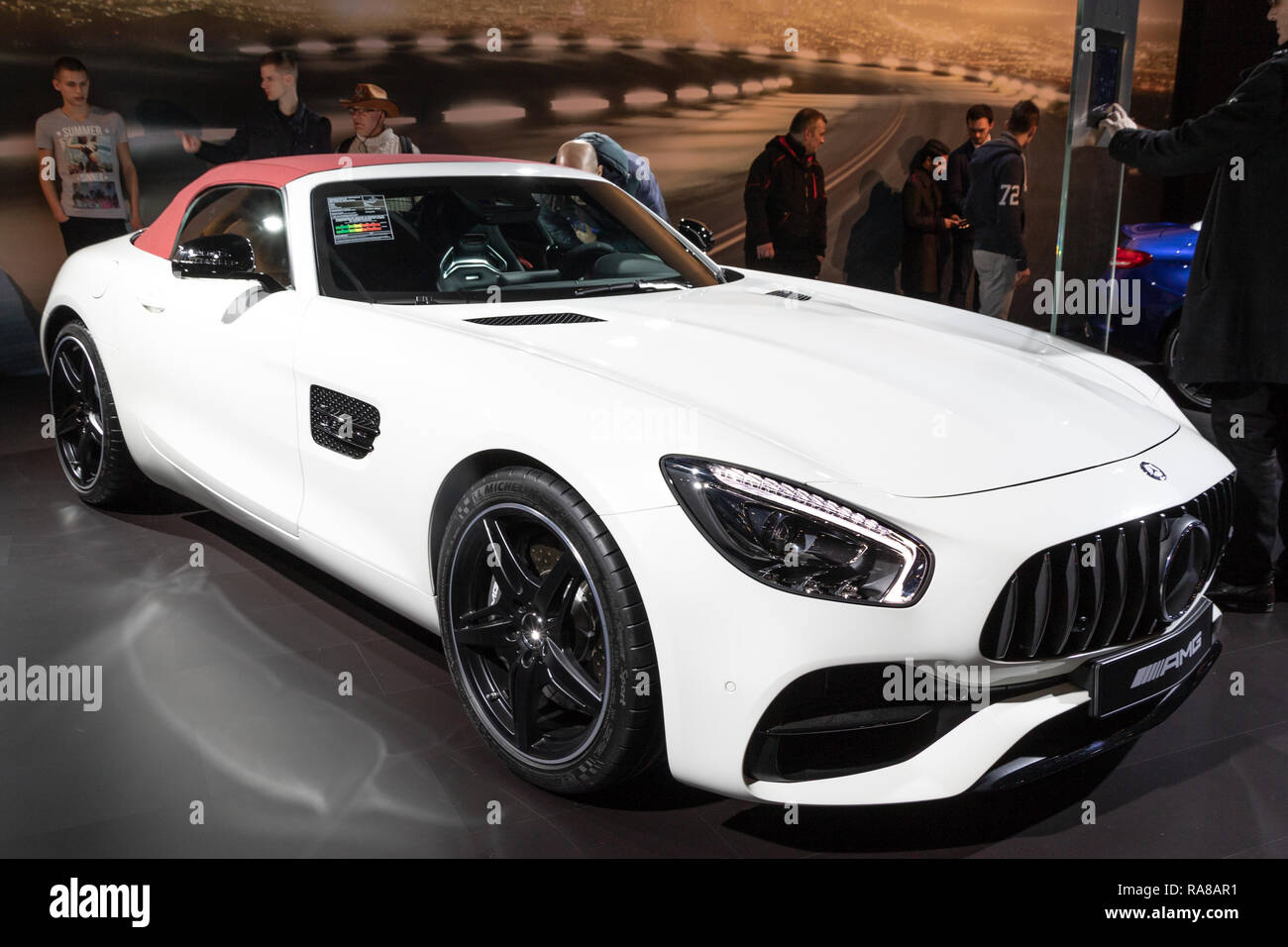 BRUSSELS - JAN 19, 2017: Mercedes AMG GT Roadster sports car presented at the Brussels Autosalon Motor Show. Stock Photo