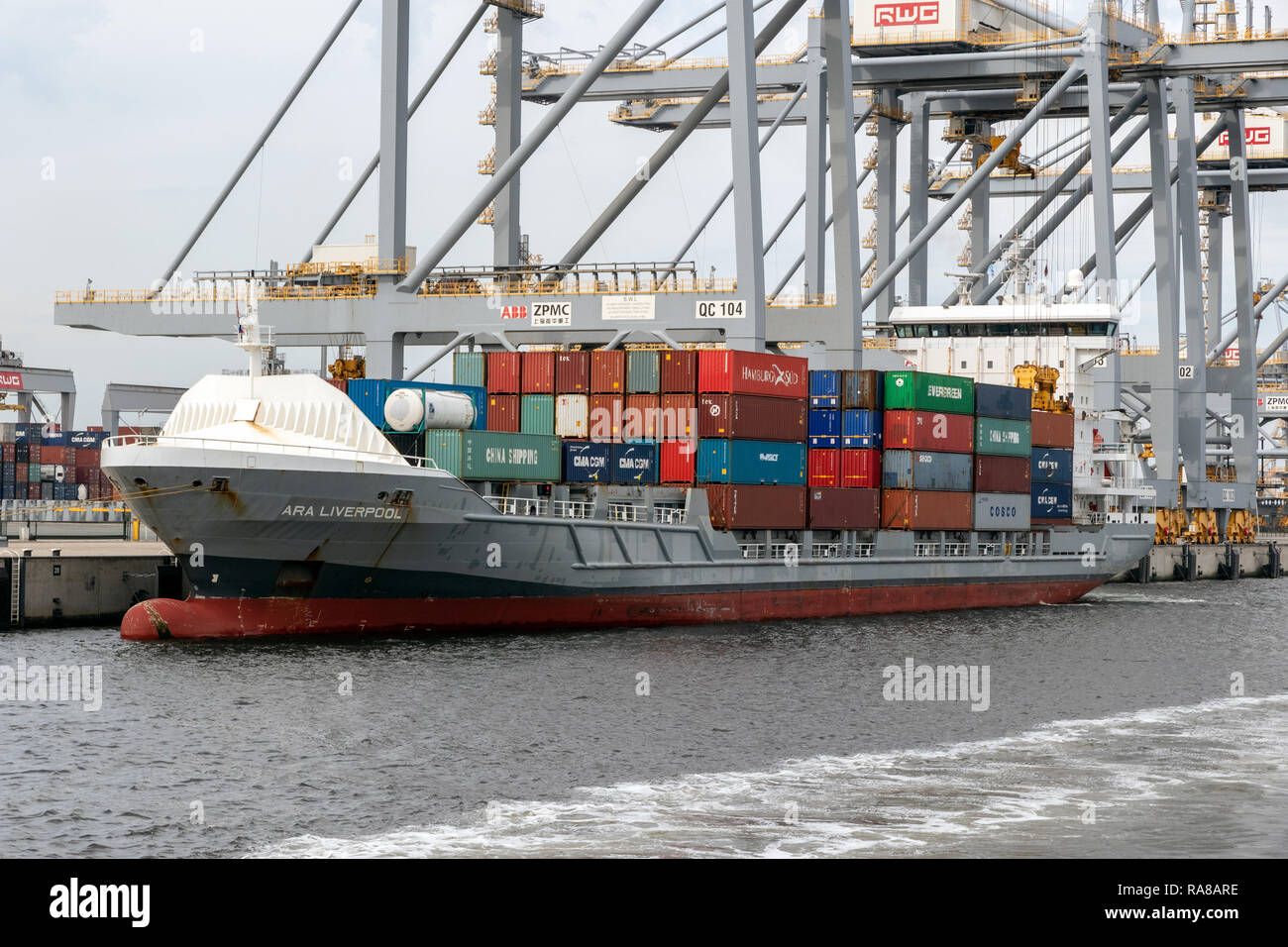 ROTTERDAM - AUG 23, 2017: Container ship moored in the Port of Rotterdam. Stock Photo