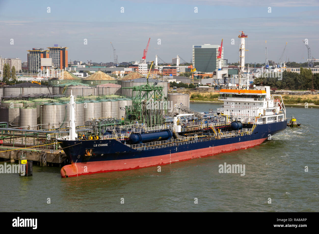 ROTTERDAM, THE NETHERLANDS - SEP 9, 2018: Oil tanker moored at the Vopak tank terminal in the Port of Rotterdam. Stock Photo