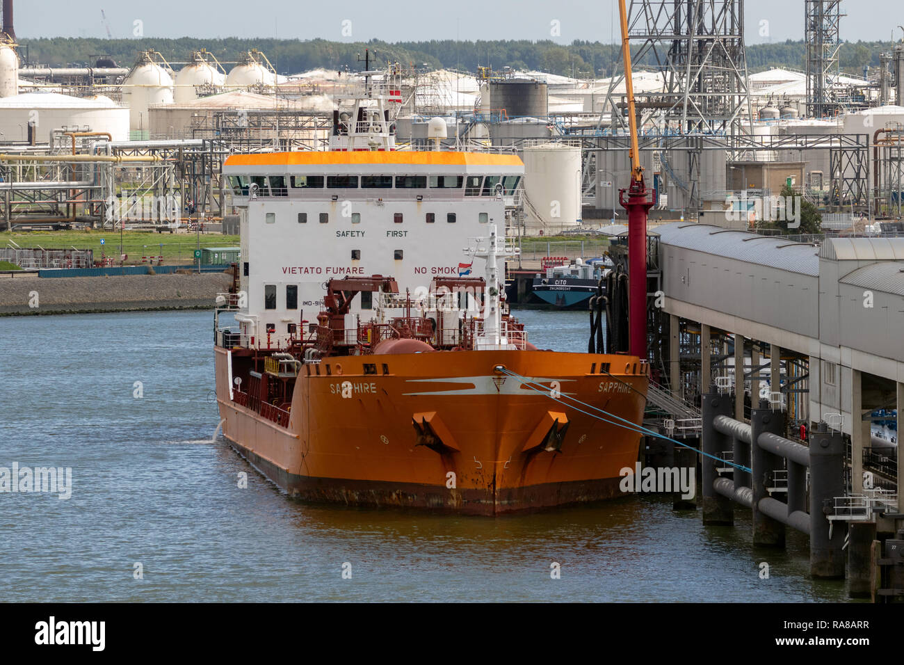 ROTTERDAM, THE NETHERLANDS - SEP 9, 2018: Oil tanker moored at the Vopak tank terminal in the Port of Rotterdam. Stock Photo