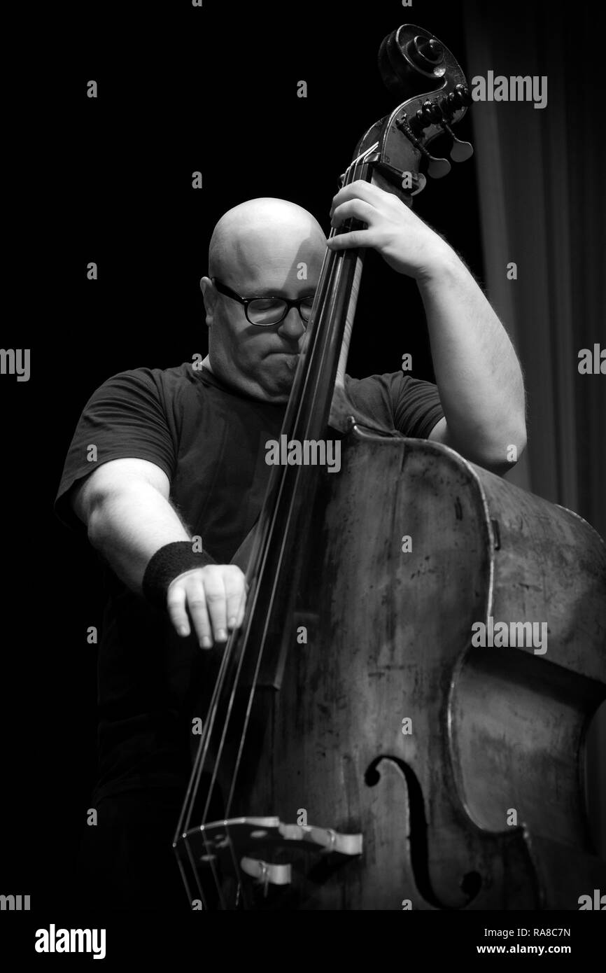 Yaron Stavi soloing on double bass with The Lowest Common Denominator, Scarborough Jazz Festival 2017 Stock Photo