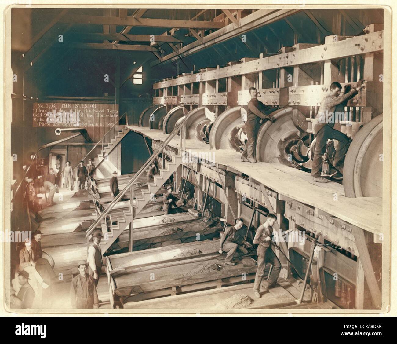 The Interior. Clean Up Day at the Deadwood Terra Gold Stamp Mill, One of the Homestake Mills, Terraville, Dakota reimagined Stock Photo