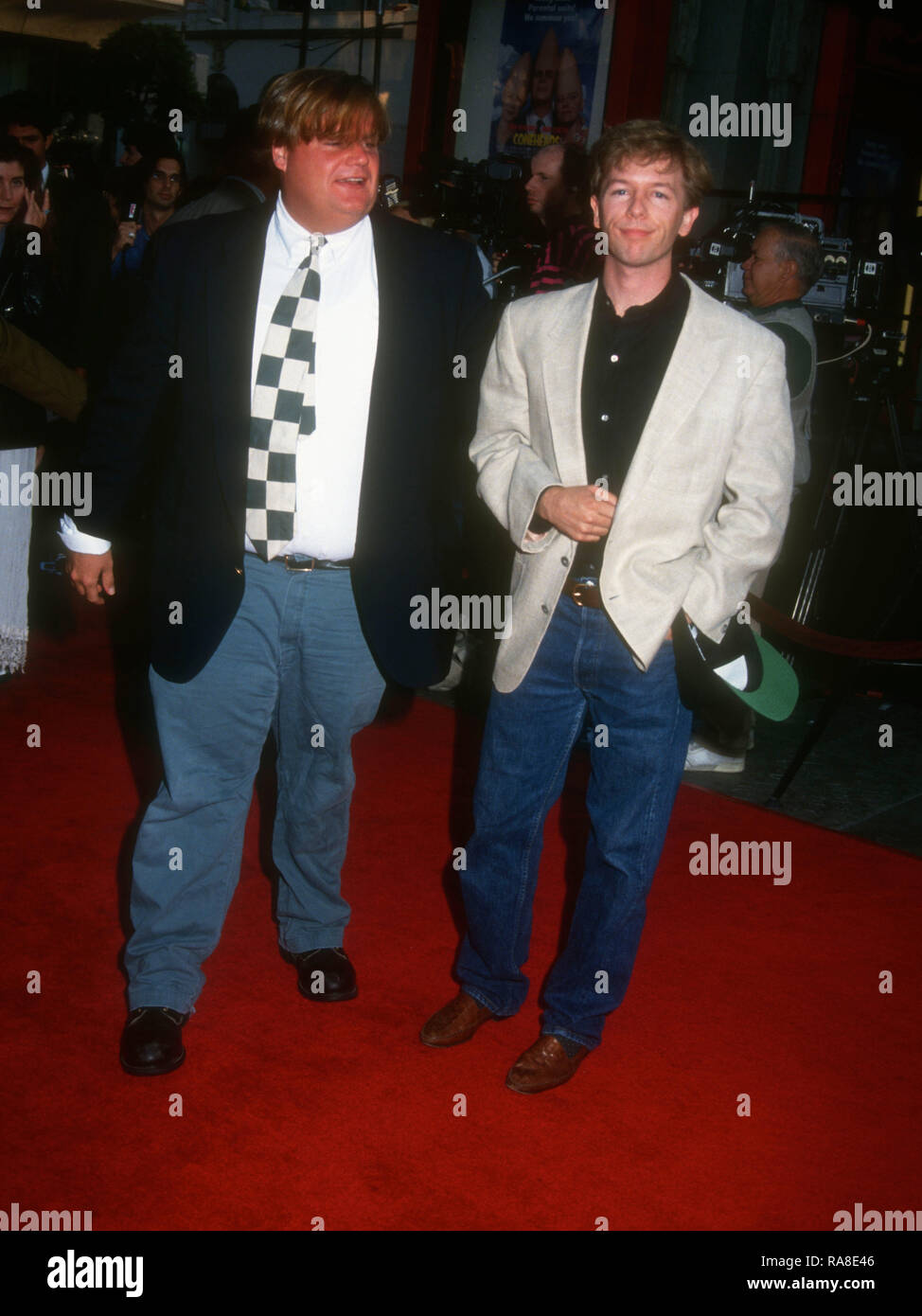 HOLLYWOOD, CA - JULY 19: Actor Chris Farley and actor David Spade attend Paramount Pictures' 'Coneheads' Premiere on July 19, 1993 at Mann Chinese Theatre in Hollywood, California. Photo by Barry King/Alamy Stock Photo Stock Photo