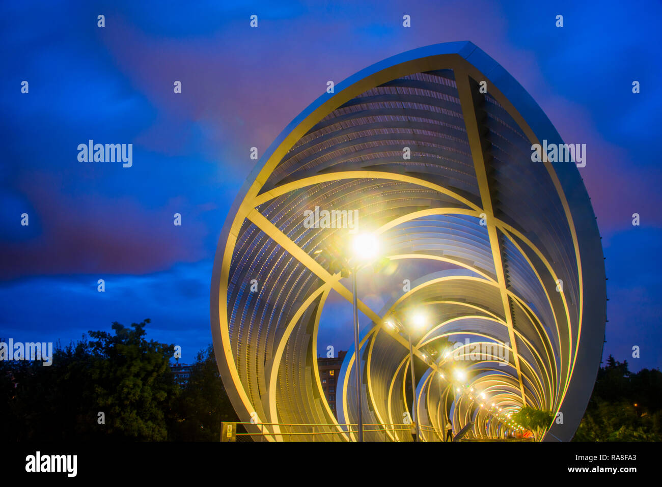 Bridge by Perrault, night view. Madrid Rio park, Madrid, Spain. Stock Photo
