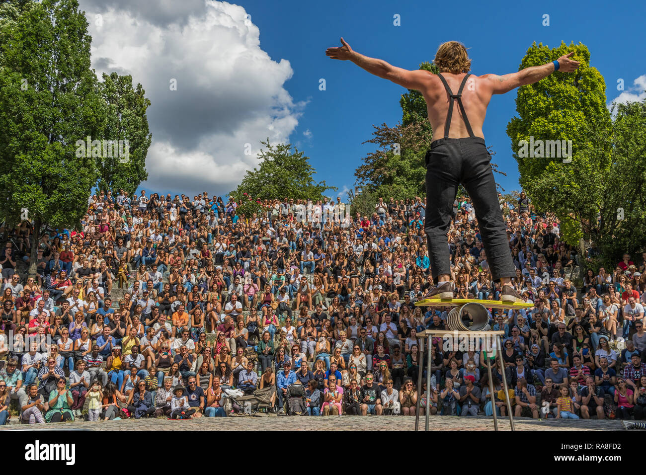 Berlin, Germany - famous for its Sunday market, the Mauerpark is also a great opportunity for skilled street artist and acrobats to get some fame Stock Photo