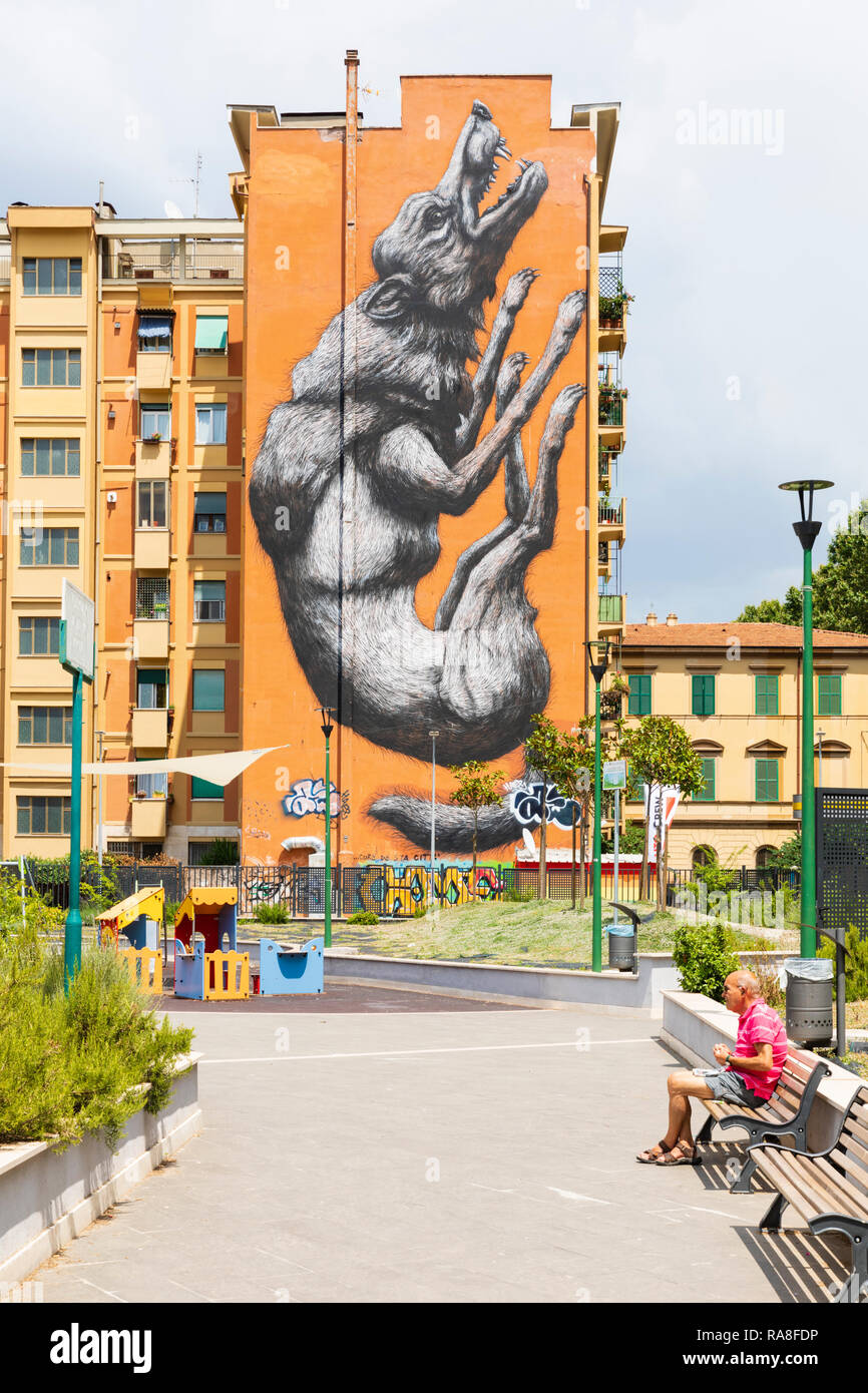 Jumping Wolf wall mural by the Belgian street artist Roa in Testaccio, Rome, Italy. Stock Photo