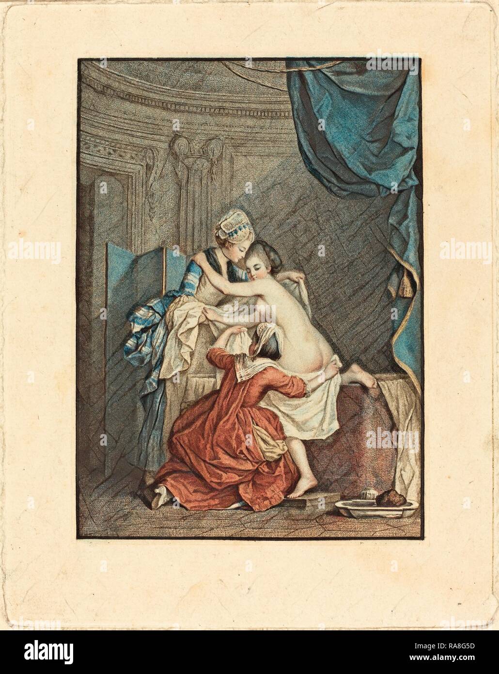 Nicolas Francois Regnault after Pierre-Antoine Baudouin (French, 1746 - c. 1810), Le bain (The Bath), color stipple reimagined Stock Photo