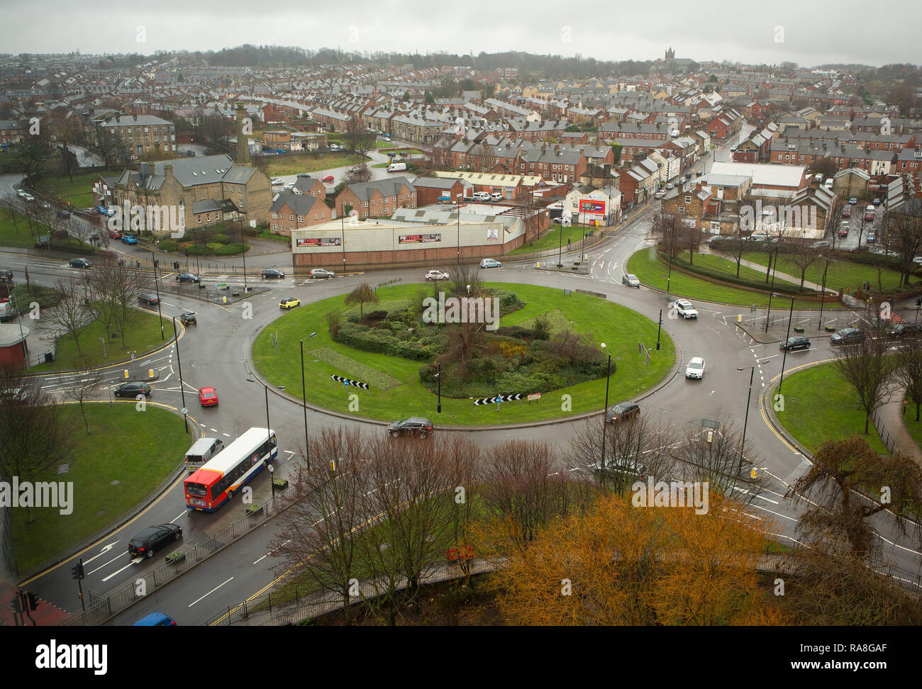 General aerial view GV of Town End Roundabout, Barnsley, South Yorkshire Stock Photo