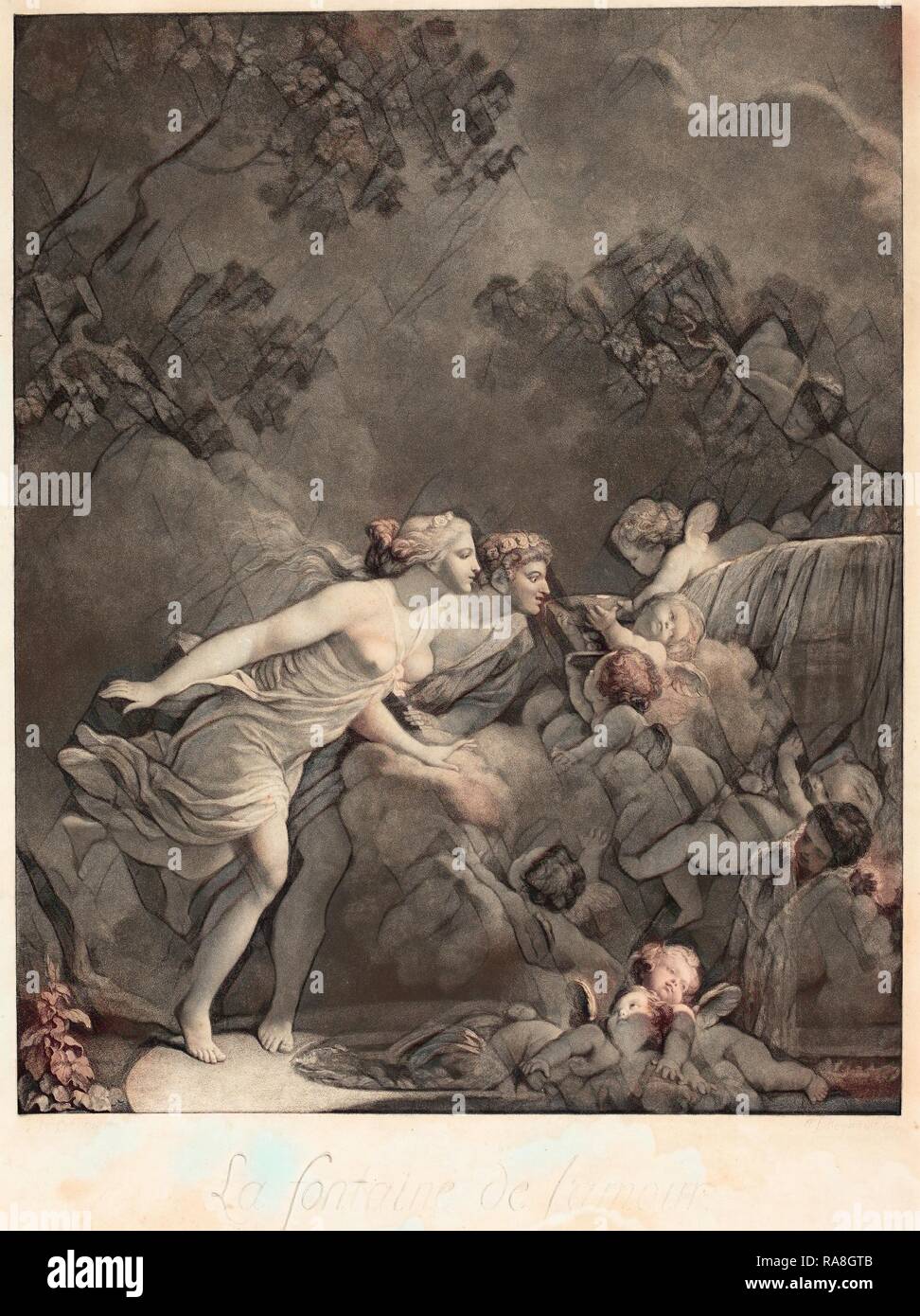 Nicolas Francois Regnault after Jean-Honoré Fragonard (French, 1746 - c. 1810), La Fontaine d'Amour (The Fountain of reimagined Stock Photo