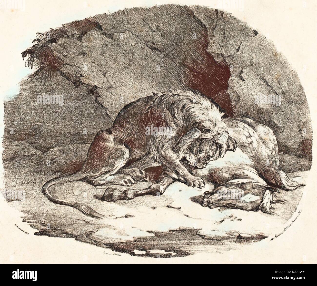 Théodore Gericault (French, 1791 - 1824), Lion Devouring a Horse, 1823, lithograph on wove paper. Reimagined Stock Photo
