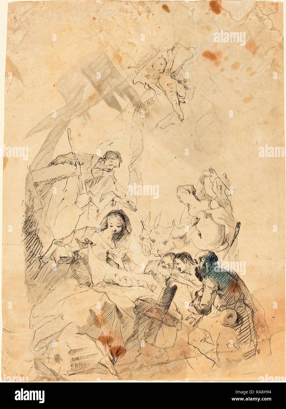 Franz Anton Maulbertsch (Austrian, 1724 - 1796), The Adoration of the Shepherds, 1757, pen and black ink with gray reimagined Stock Photo