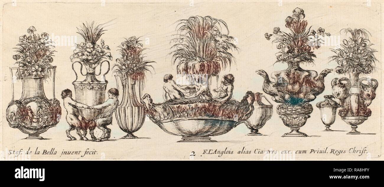 Stefano Della Bella (Italian, 1610 - 1664), Fantastic Vases, probably 1646, etching. Reimagined by Gibon. Classic art with a modern twist.