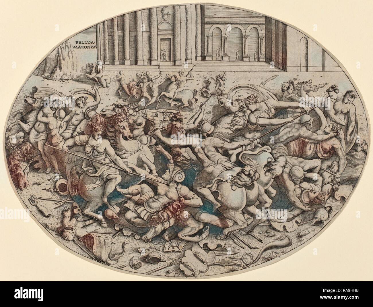 Enea Vico (Italian, 1523 - 1567), The Battle of the Amazons [recto], 1543, engraving. Reimagined by Gibon. Classic reimagined Stock Photo