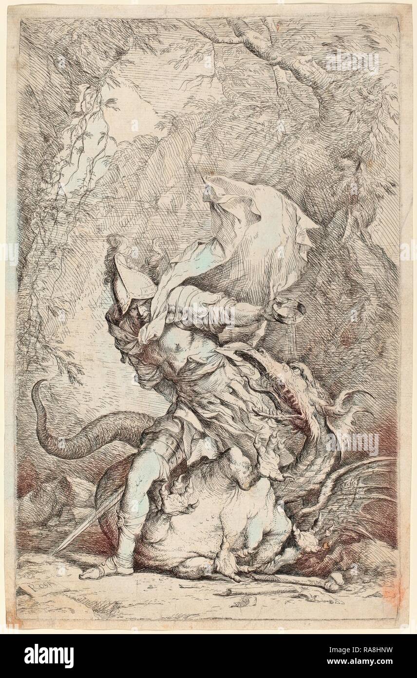 Salvator Rosa (Italian, 1615 - 1673), Jason and the Dragon, c. 1663-1664, etching and drypoint. Reimagined Stock Photo