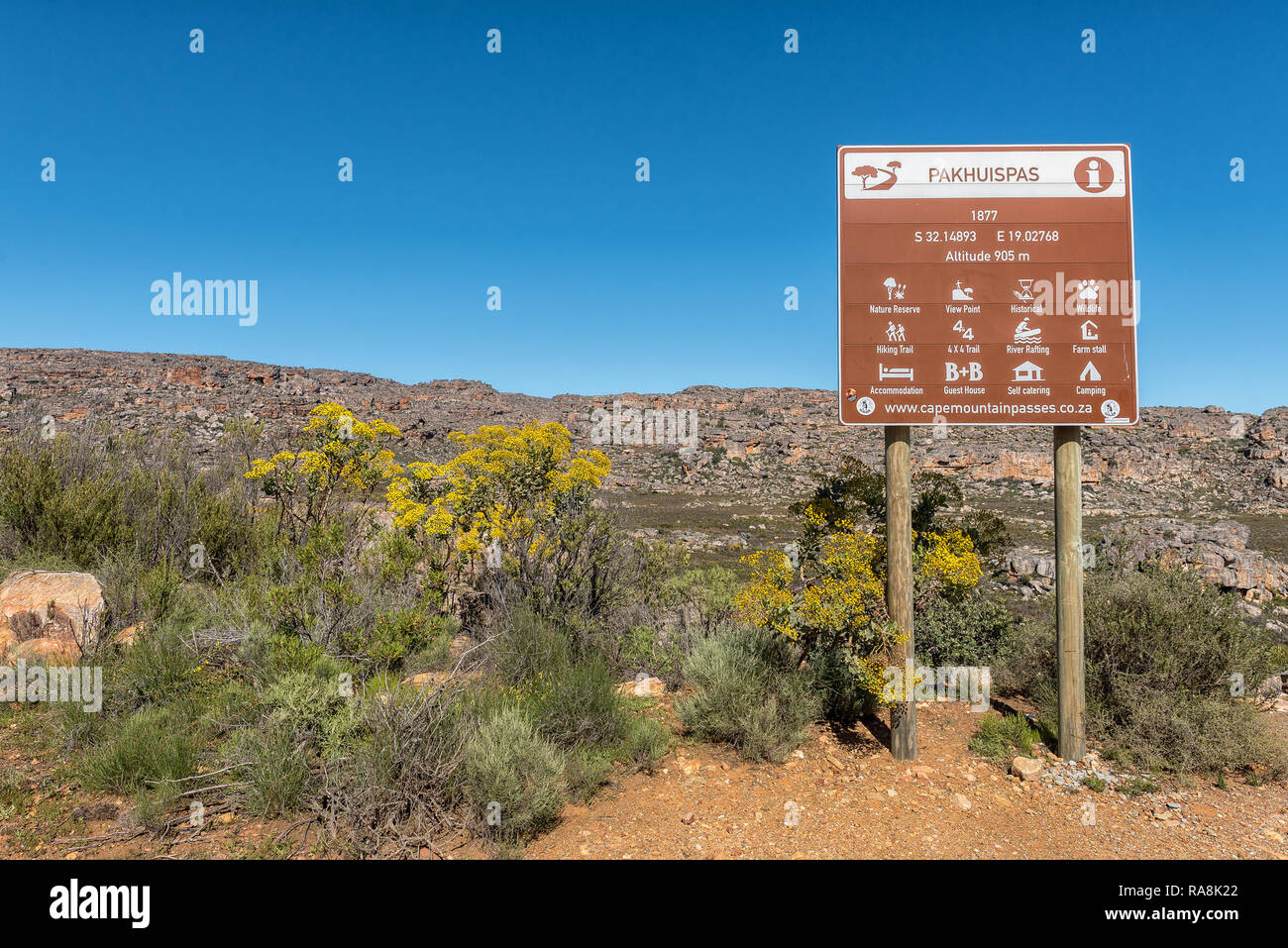 PAKHUIS PASS, SOUTH AFRICA, AUGUST 28, 2018: An information board on the Pakhuis Pass in the Cederberg Mountains near Clanwilliam in the Western Cape  Stock Photo