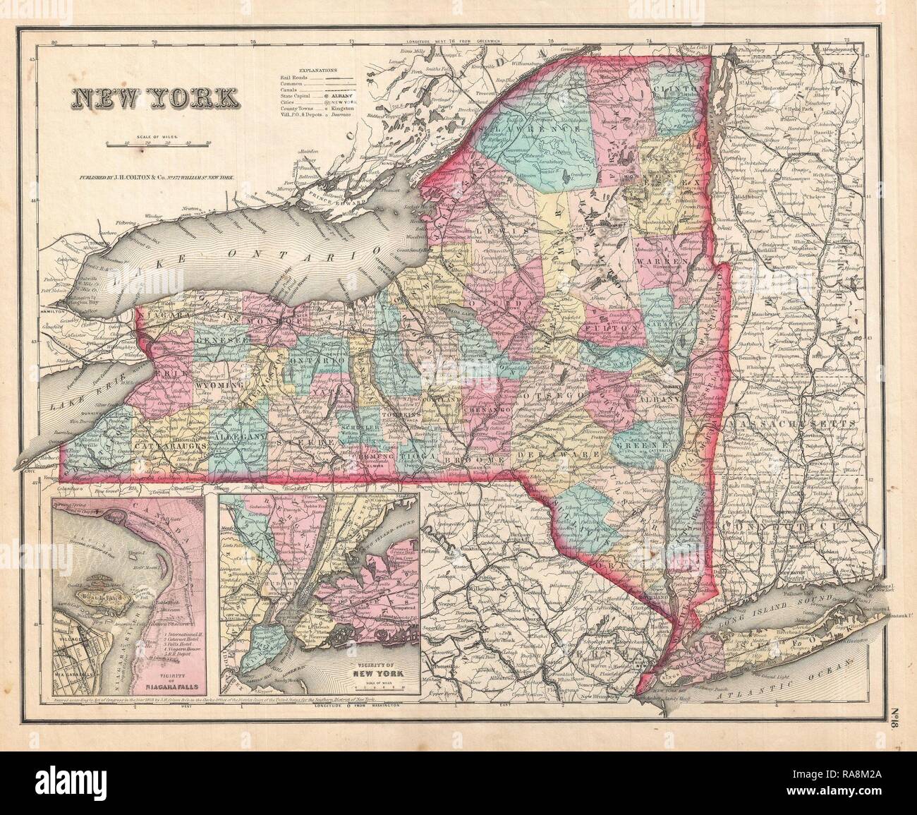 1857, Colton Map of New York. Reimagined by Gibon. Classic art with a