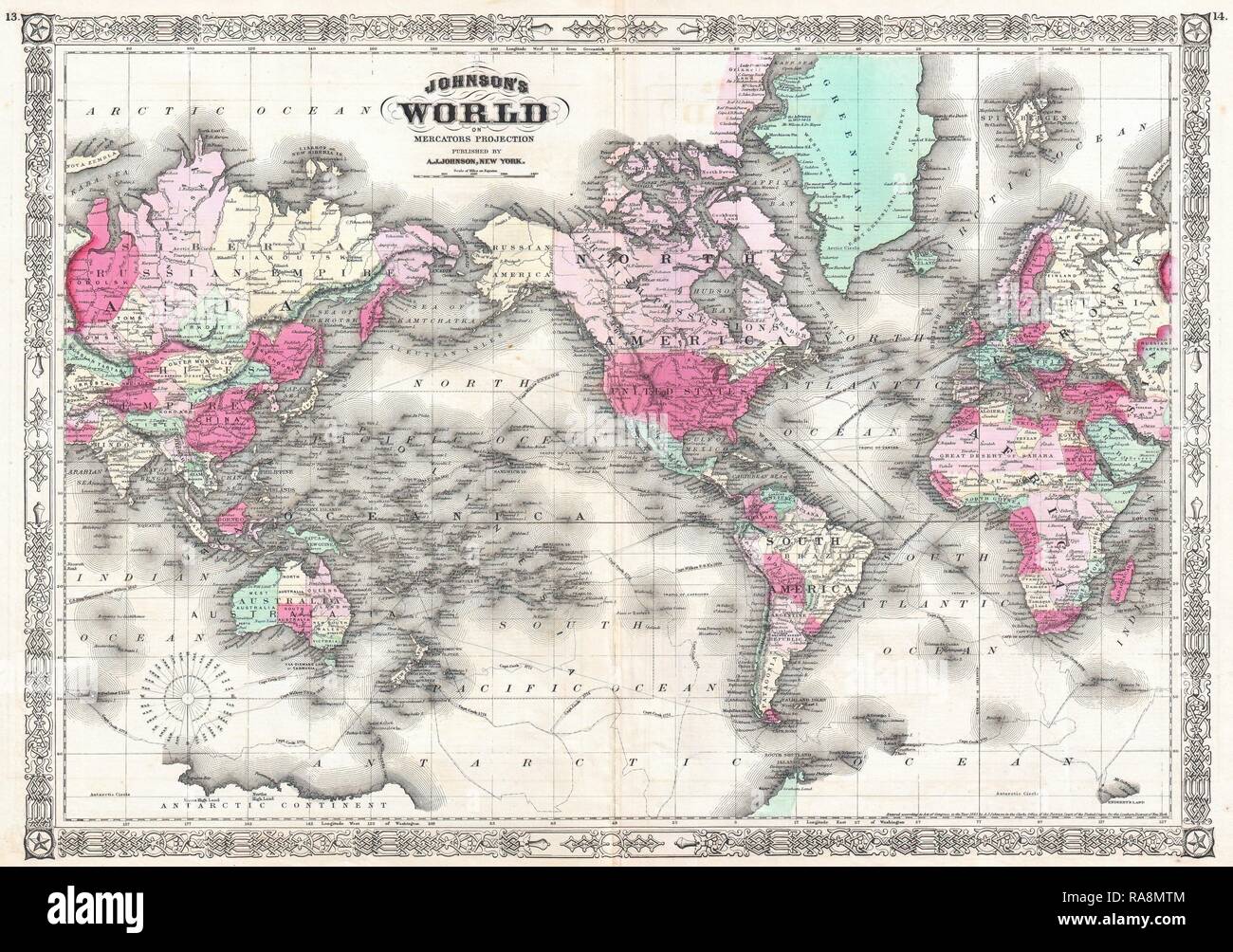 1865, Johnson Map of the World on Mercator Projection. Reimagined by