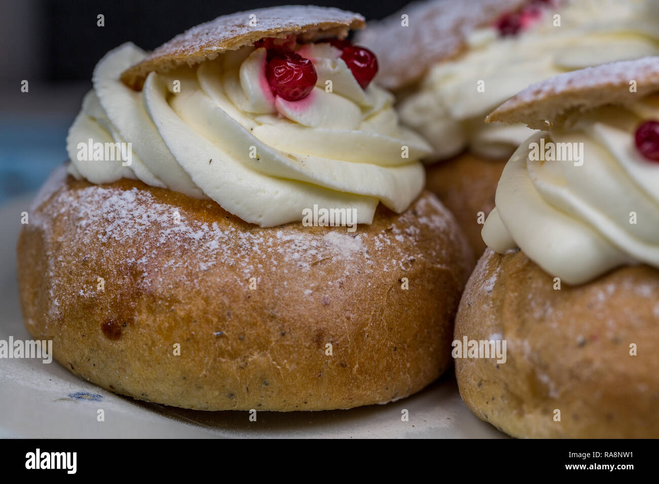 Semla Cakes is a traditional pastry in Sweden, Finland and Estonia, associated with Lent and especially Shrove Tuesday Stock Photo