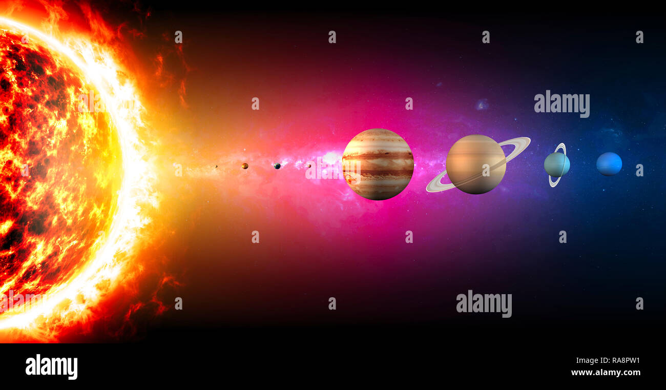 Solar system planets diameter sizes. Ratio of magnitudes. Elements of this image are furnished by NASA. 3d rendering. Space and universe Stock Photo