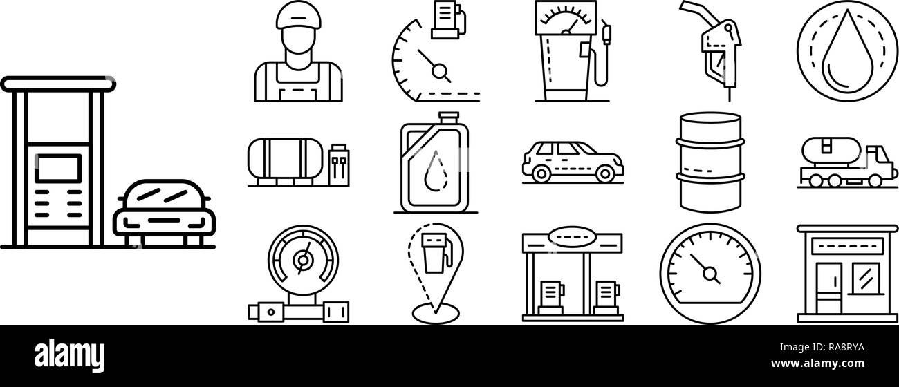Petrol station icon set, outline style Stock Vector