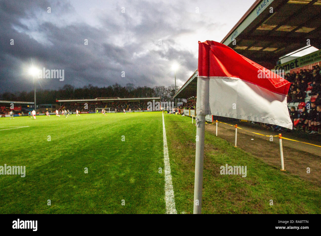 View from corner flag during English League 2 football match under