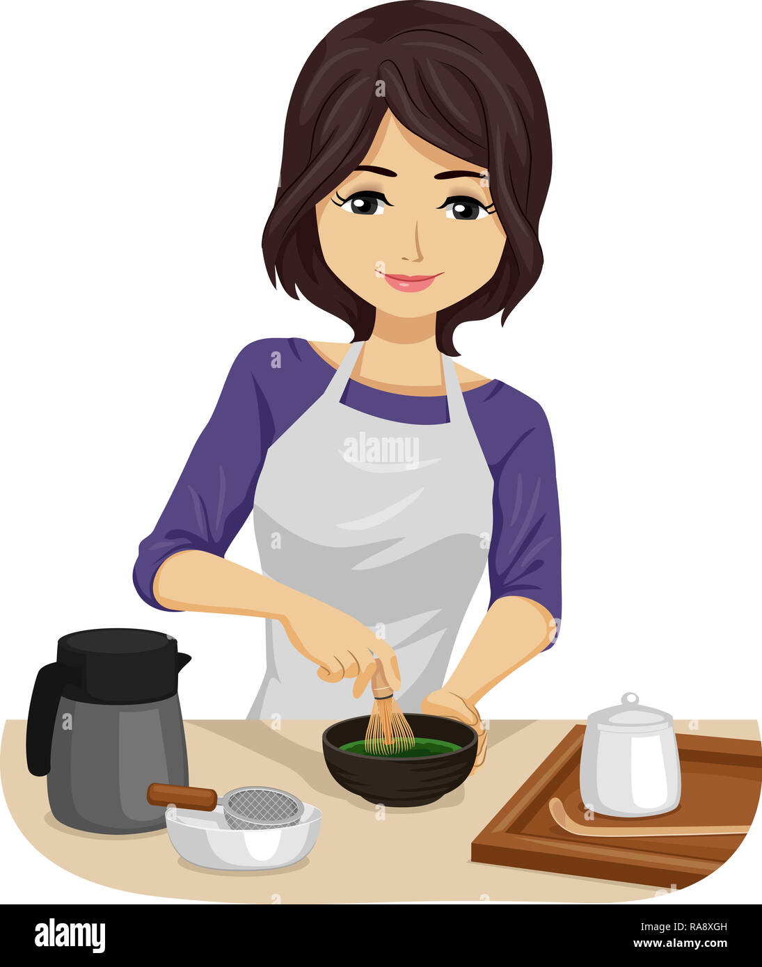 Illustration of a Teenage Girl Whisking a Bowl of Matcha Green Tea with