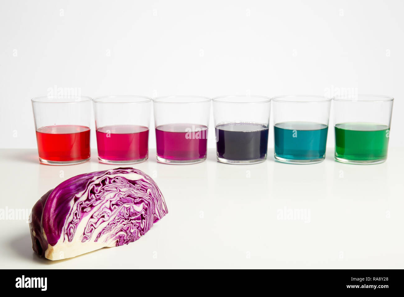 Color gradient of red cabbage juice (pH indicator) in trasparent glasses on a white background Stock Photo