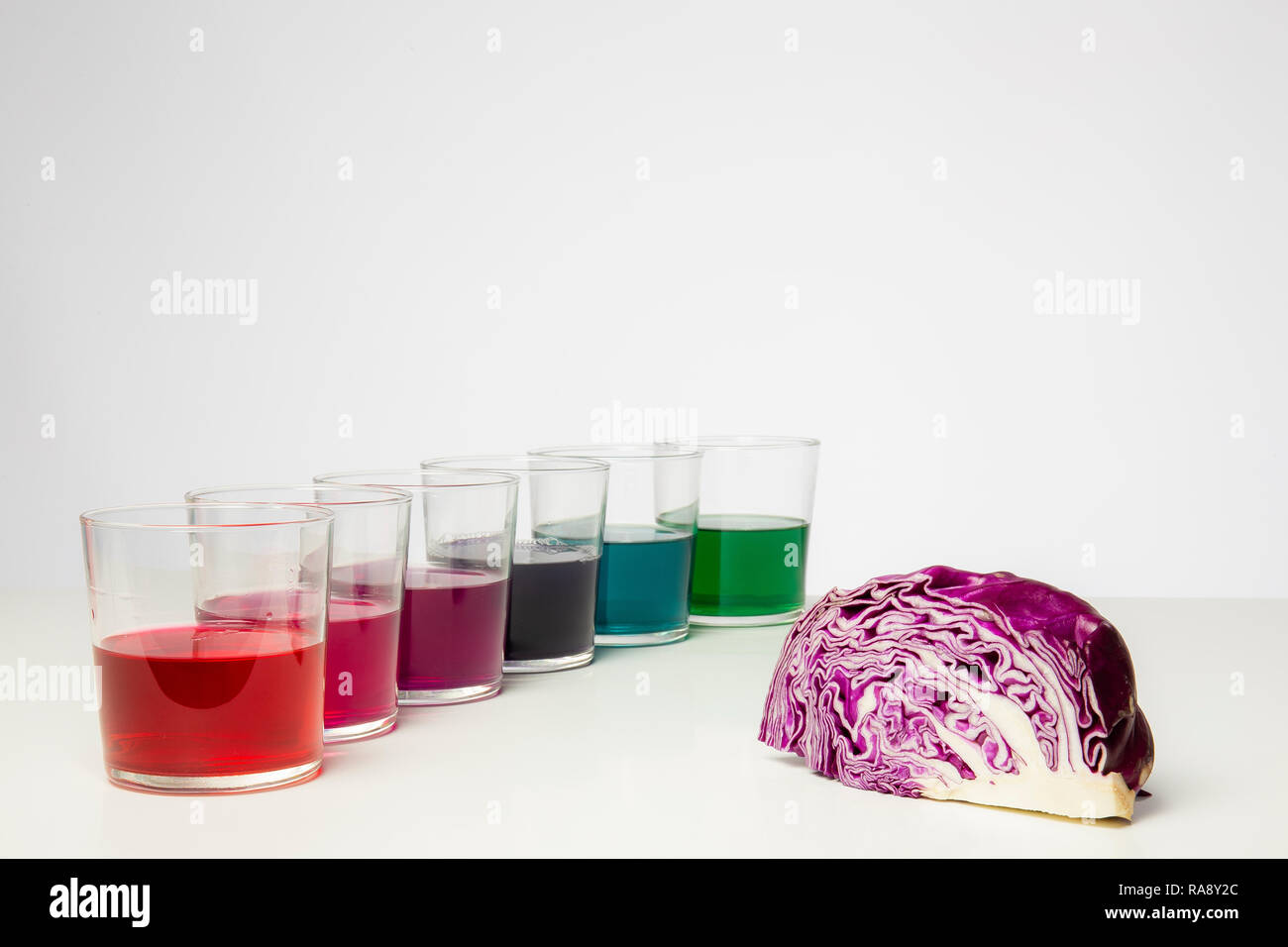 Color gradient of red cabbage juice (pH indicator) in trasparent glasses on a white background Stock Photo